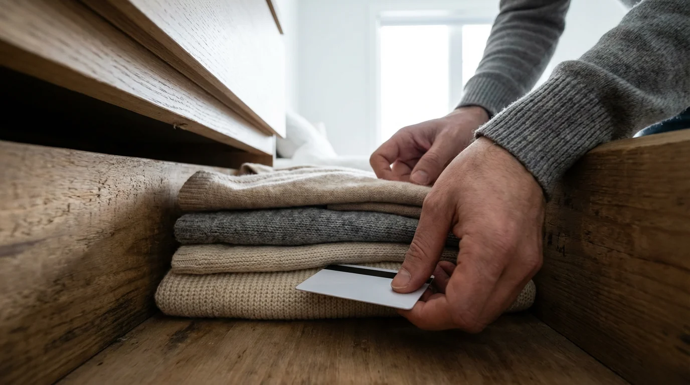 A person's hands hiding a blank credit card underneath a stack of sweaters.