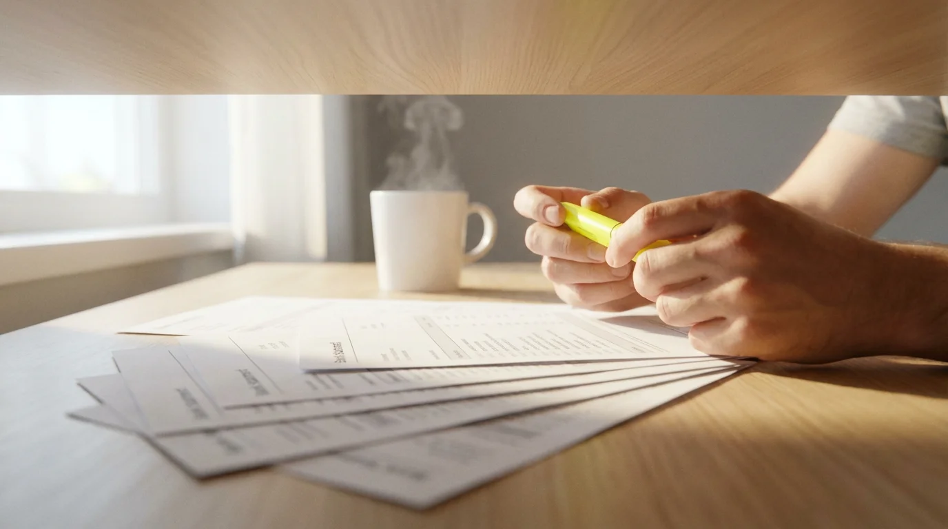 A person's hands highlighting a line on a financial document on a sunlit desk.