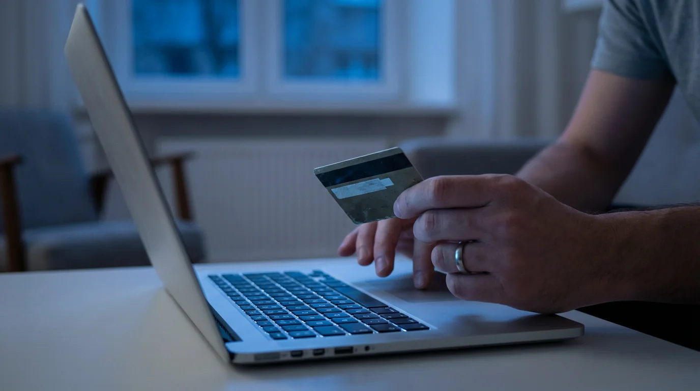 A person's hands holding a credit card, hesitating to type on a laptop keyboard.