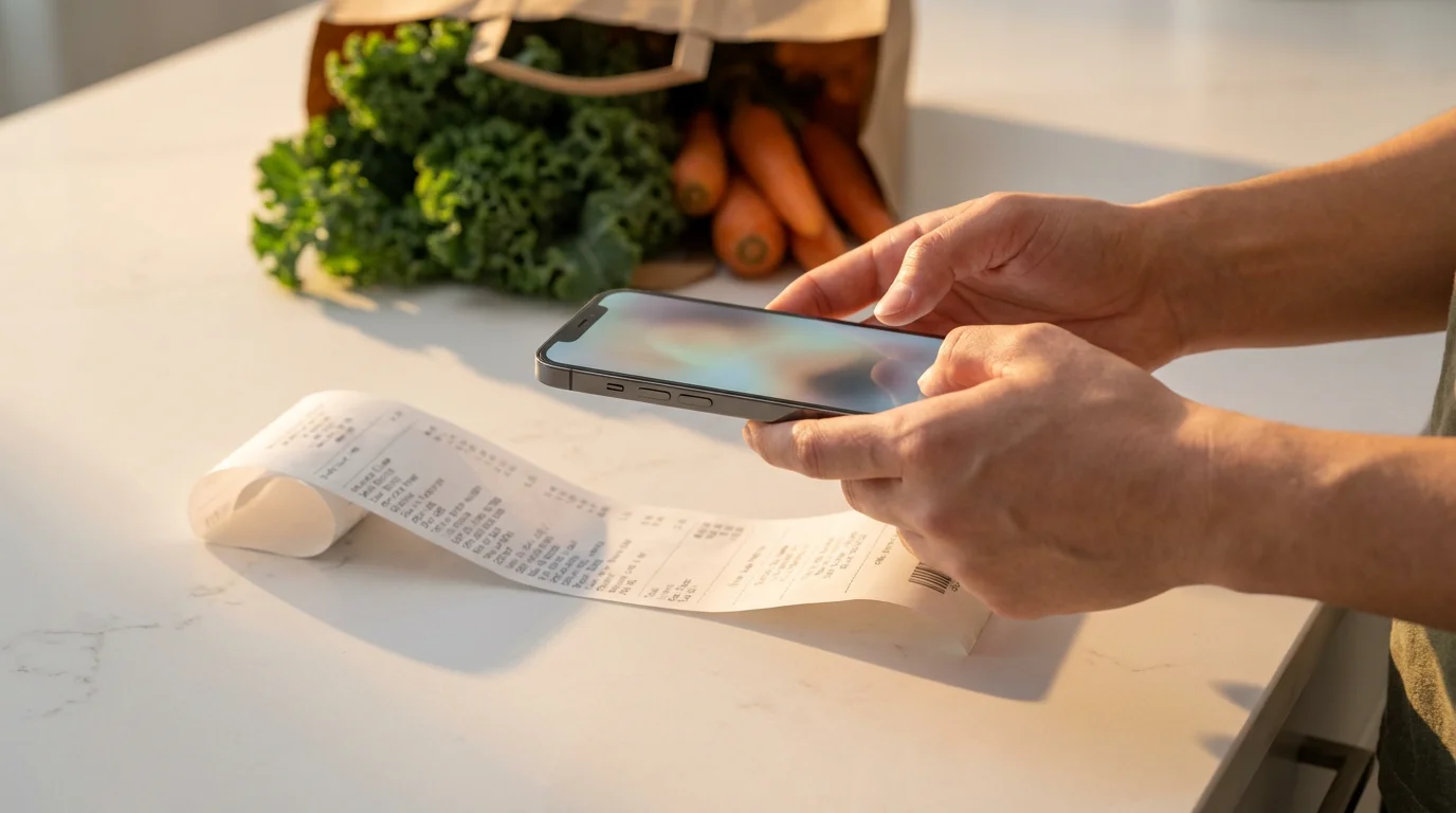 A person's hands holding a smartphone to scan a grocery receipt for cash back.