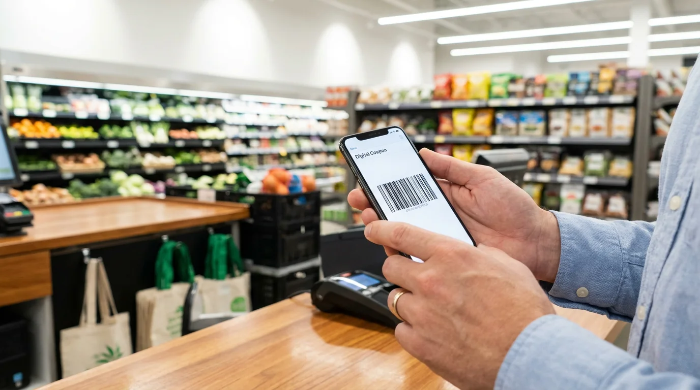 A person's hands holding a smartphone with a digital coupon barcode at a store checkout.