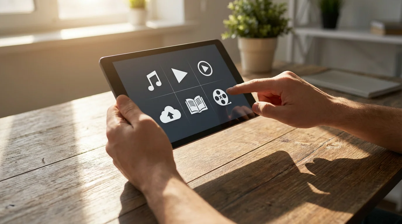 A person's hands holding a tablet, reviewing and canceling digital subscriptions in the afternoon.