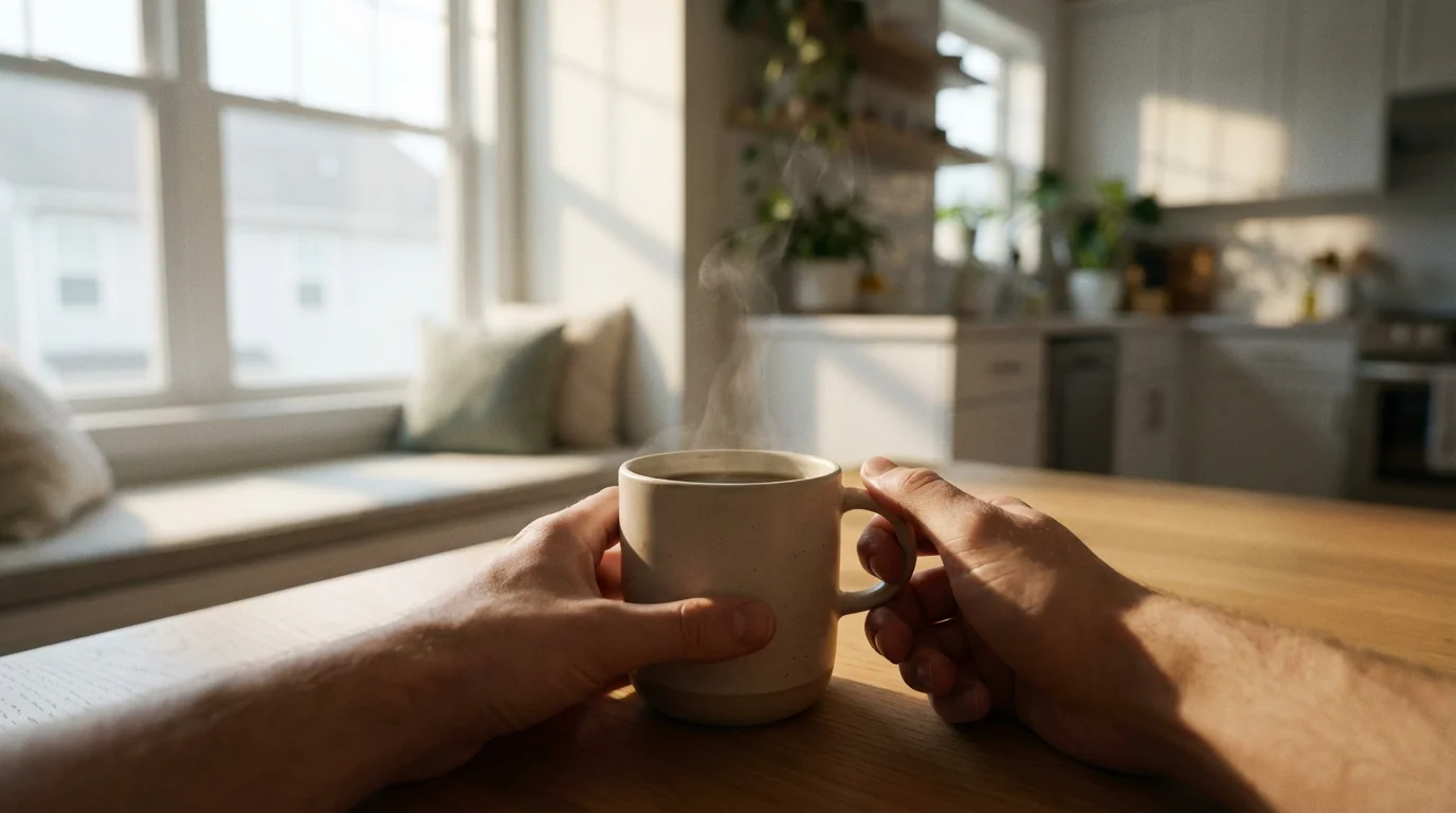A person's hands holding a warm coffee mug in a kitchen with soft morning light.