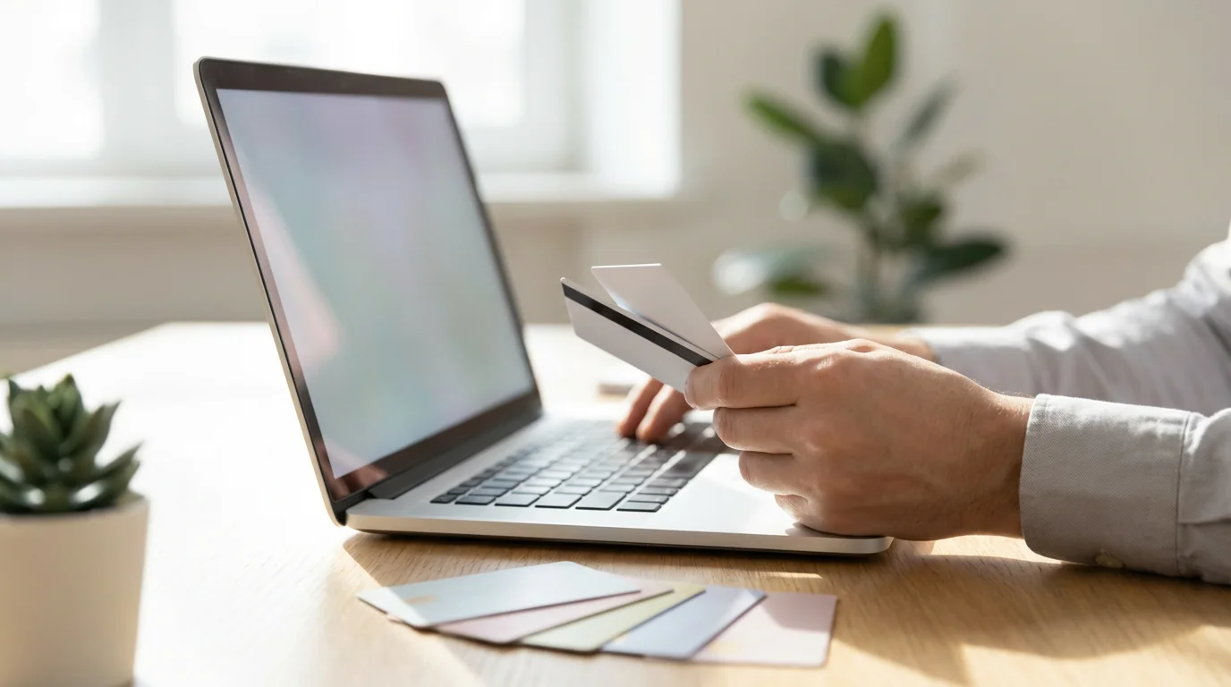 A person's hands holding two different credit cards over a laptop on a desk.