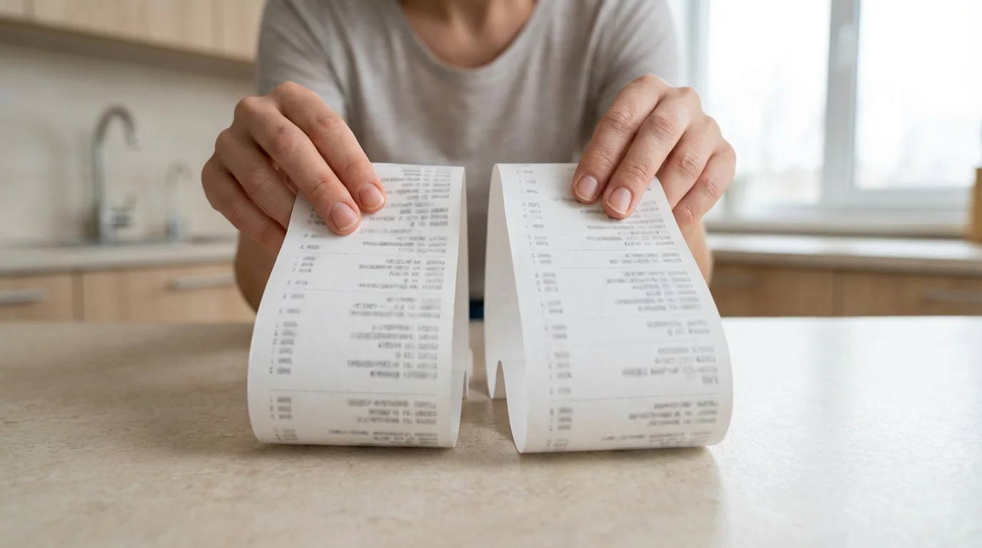 A person's hands holding two long shopping receipts side-by-side to compare costs.