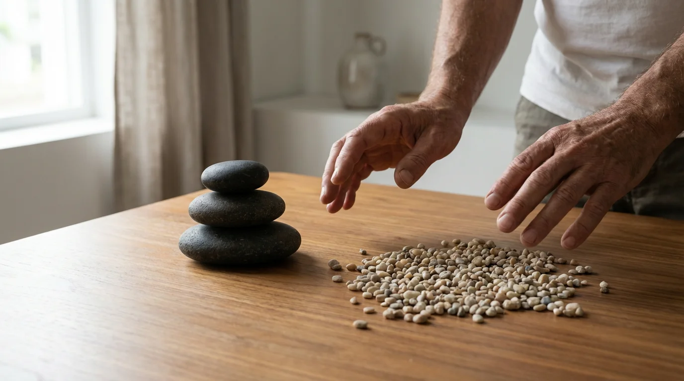 A person's hands hover between a small pile of large stones and a large pile of small pebbles, symbolizing debt strategies.
