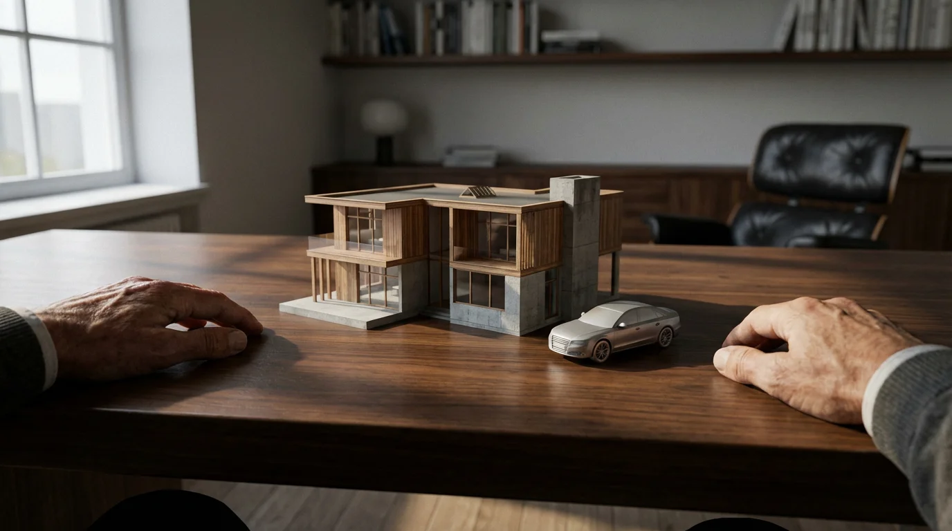 A person's hands on a desk framing a miniature model house and car.