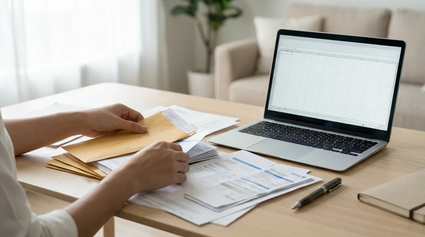 A person's hands organizing financial bills and a laptop on a wooden table.