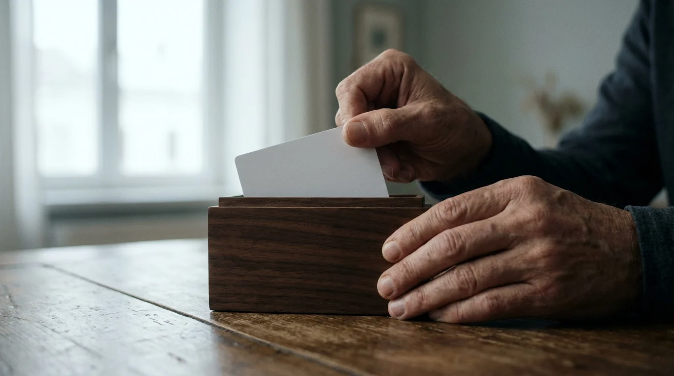 A person's hands placing a credit card into a wooden box to stop spending.