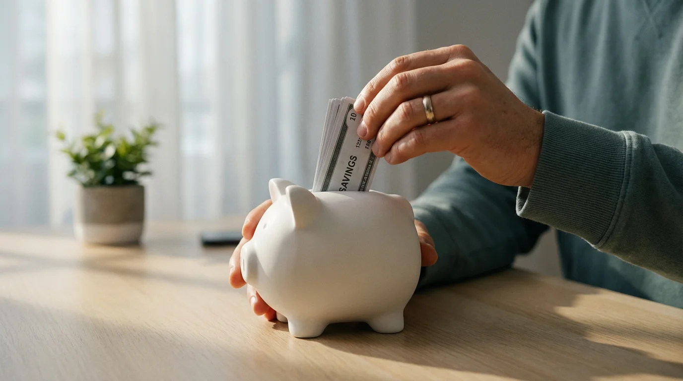 A person's hands placing cash into a modern white piggy bank on a desk.
