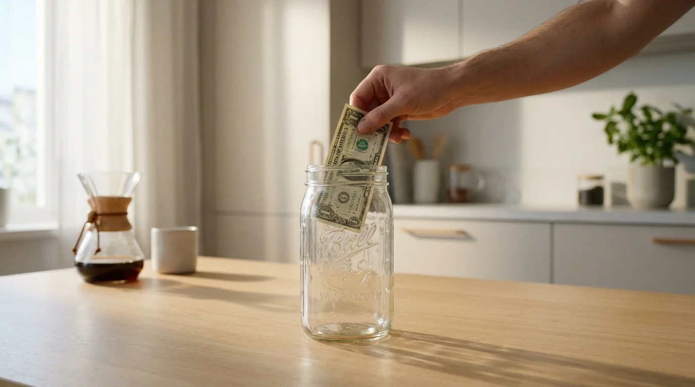 A person's hands placing the first dollar bill into an empty glass savings jar.