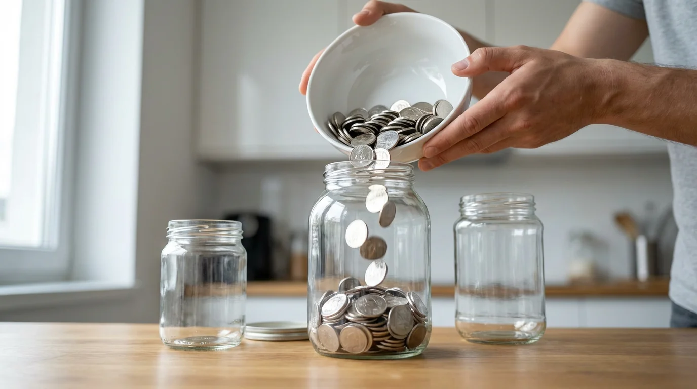 A person's hands pouring coins into a clear glass jar, symbolizing saving for taxes.