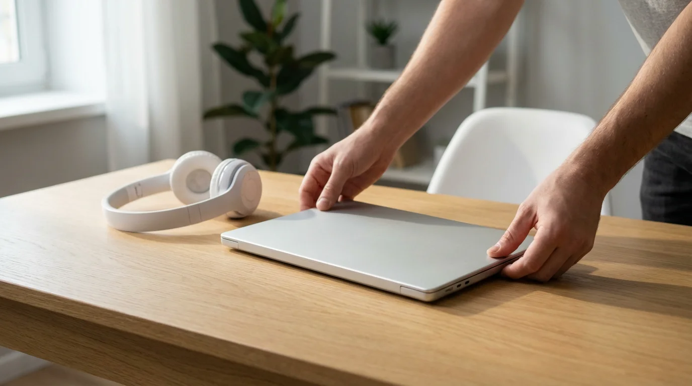 A person's hands setting up a new laptop and headphones on a sunlit desk.