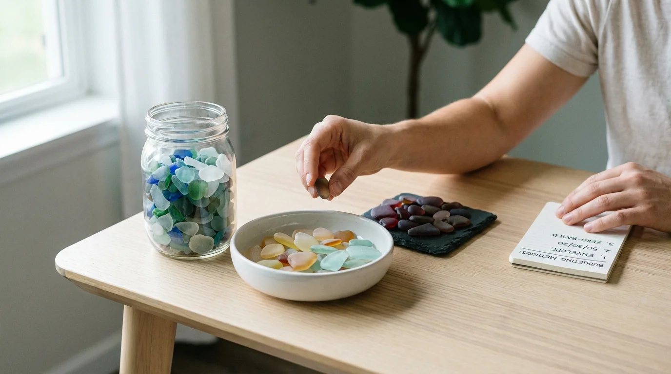 A person's hands sorting colorful pebbles into different types of containers on a desk.