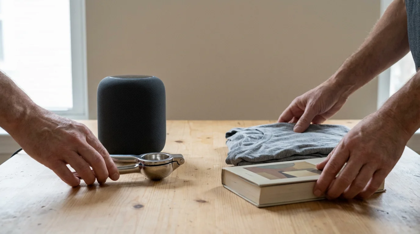 A person's hands sorting unbranded products like electronics and clothing into buy versus skip piles.