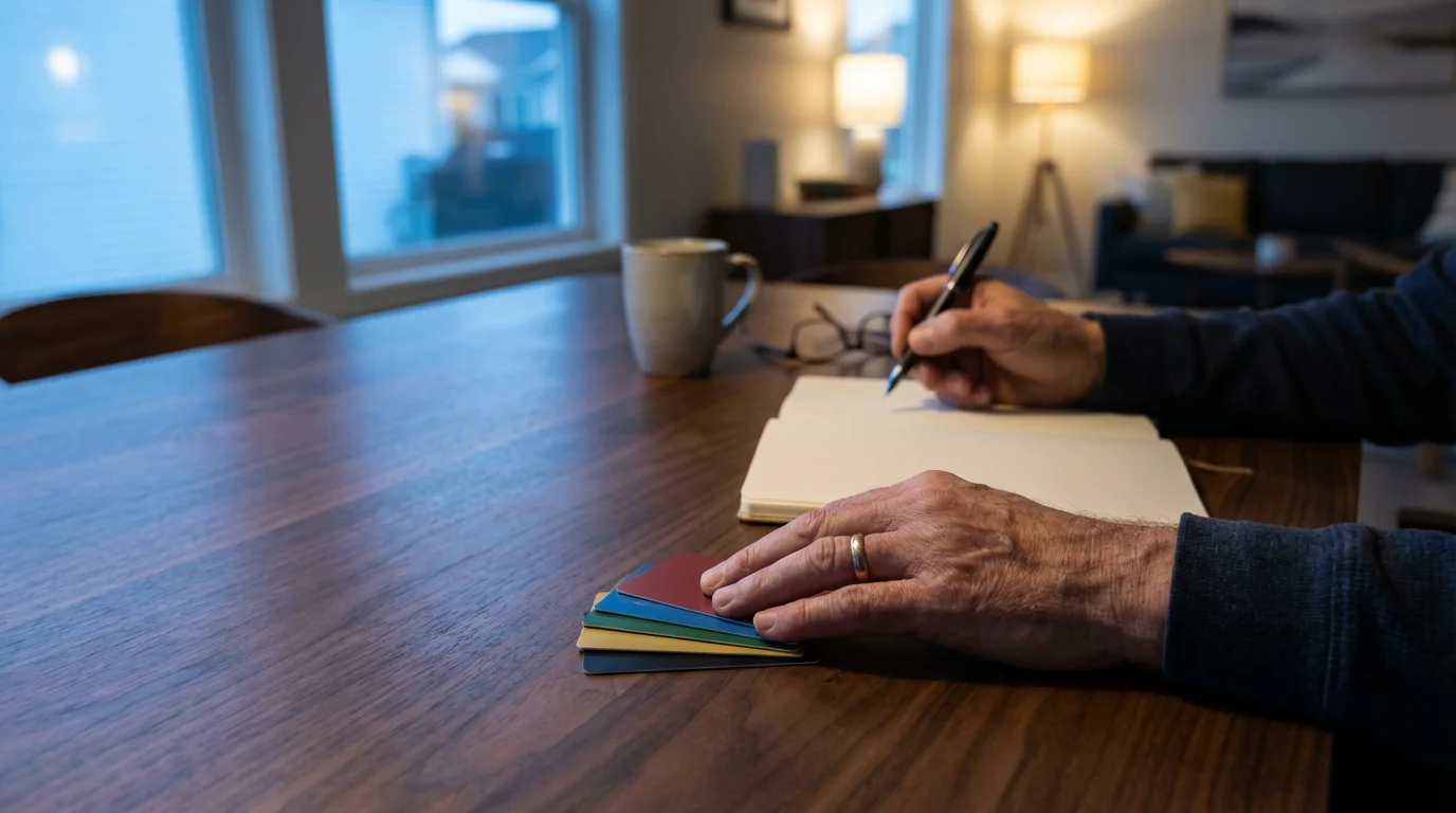 A person's hands with a stack of blank cards and a notebook at a table.