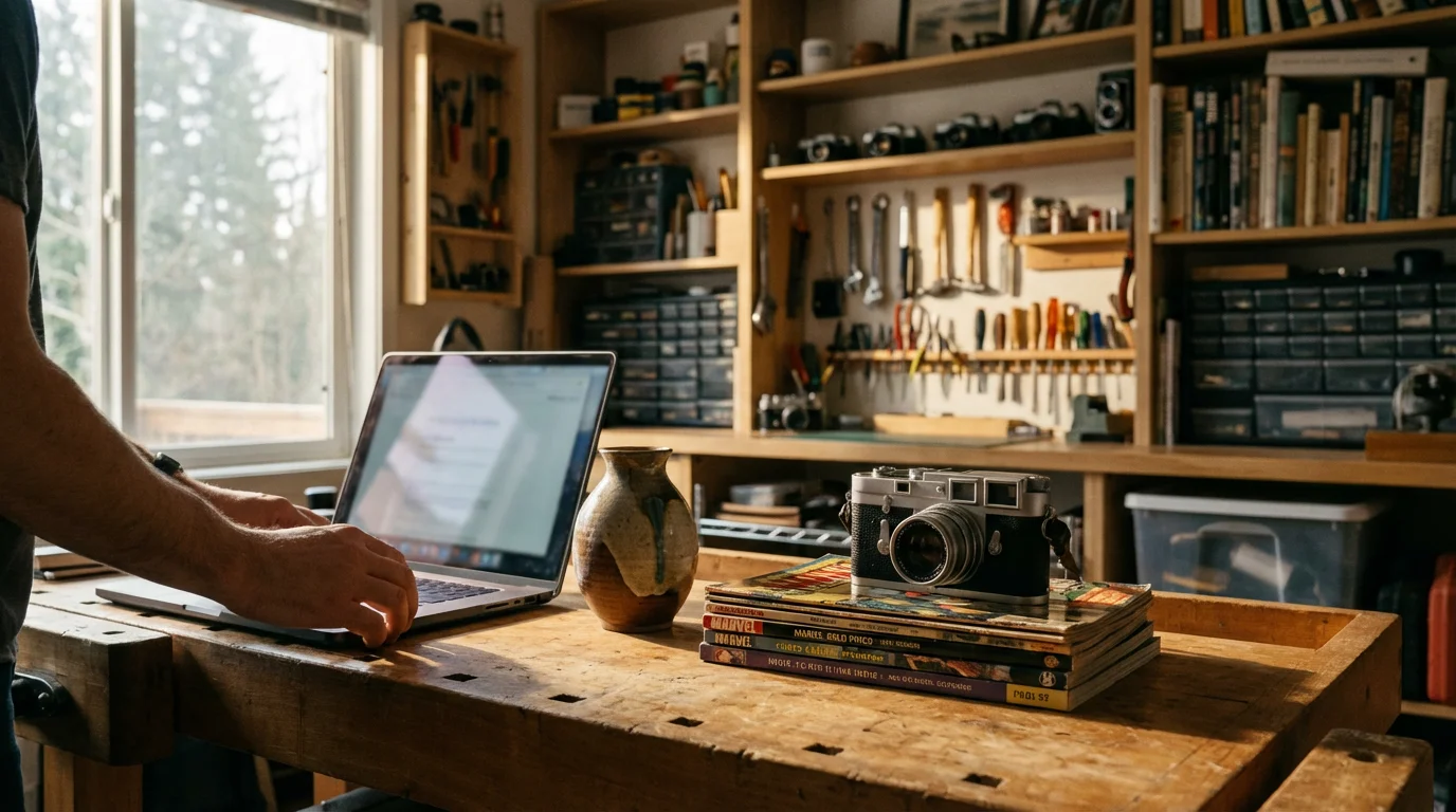 A person's workshop with vintage items on a table being prepared for online sale.