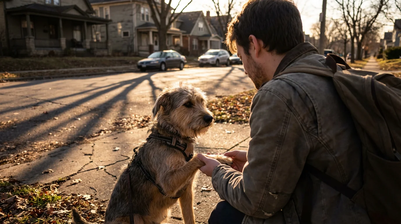 A pet sitter kneels on a sidewalk, carefully examining a dog's paw.