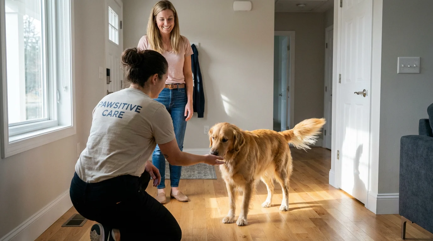 A pet sitter kneels to meet a golden retriever during an in-home consultation.