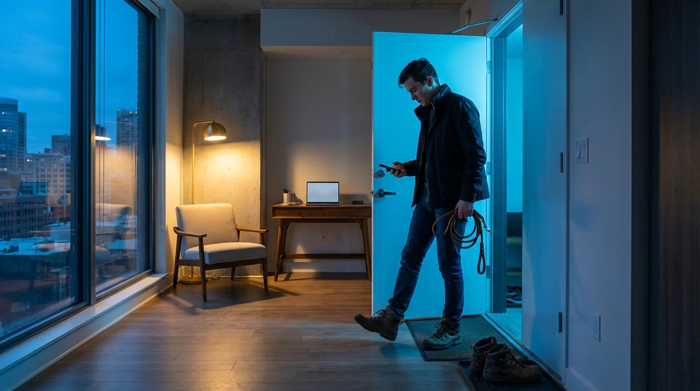 A pet sitter returns home at dusk, holding a leash and smartphone.