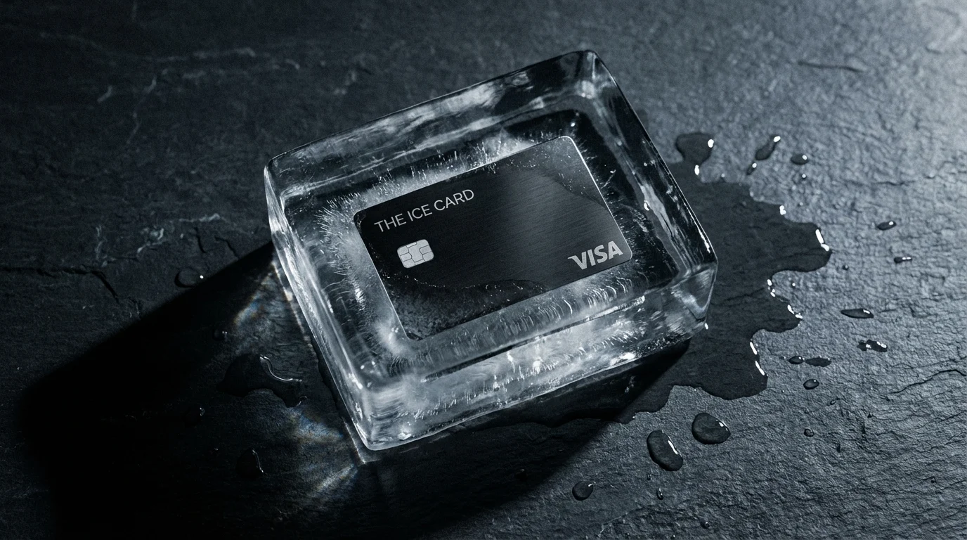 A photorealistic flat lay of a credit card frozen in a block of ice.