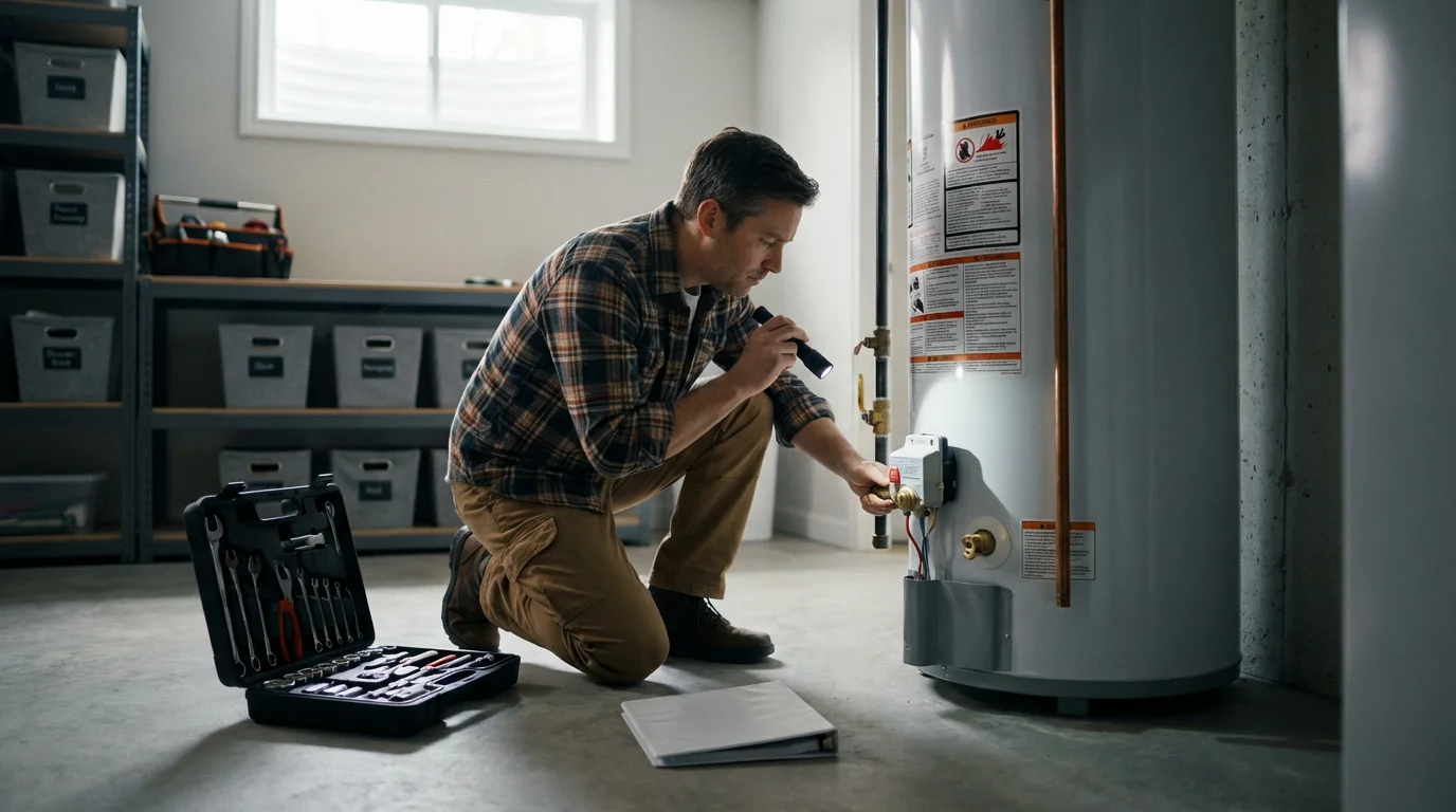 A prepared homeowner calmly inspects their water heater in a clean, well-lit basement.
