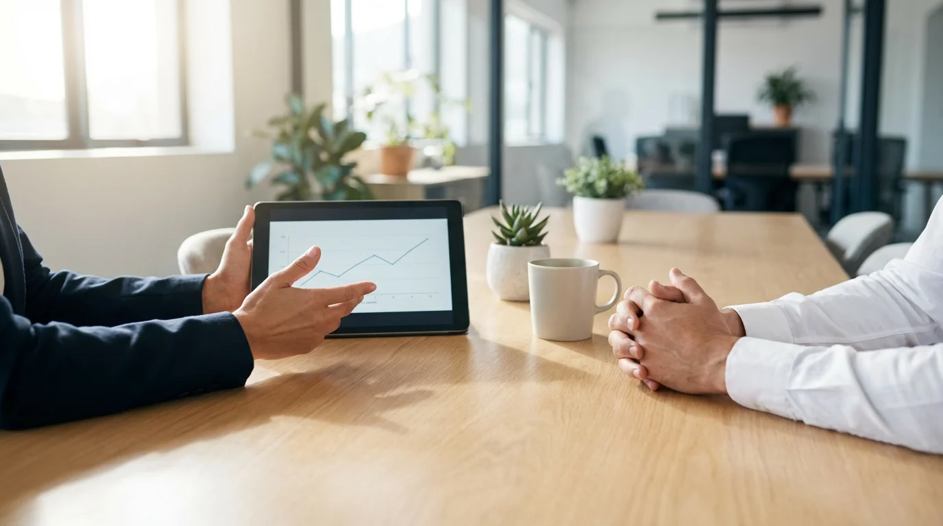 A professional financial consultation with two people's hands over charts on a modern desk.