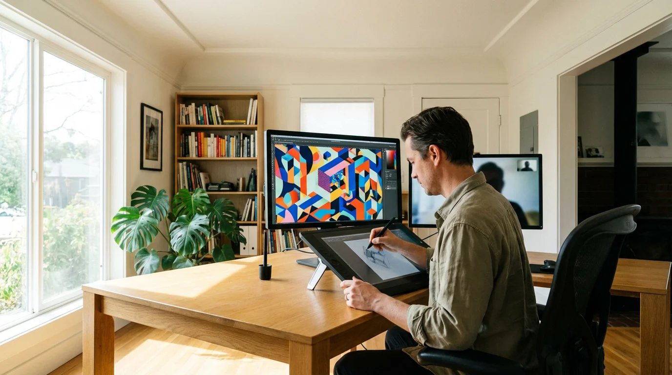 A professional graphic designer works on a tablet in a bright, modern home office.