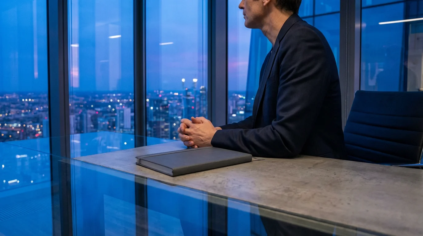A professional person sits at a desk in a high-rise office overlooking a city at dusk.