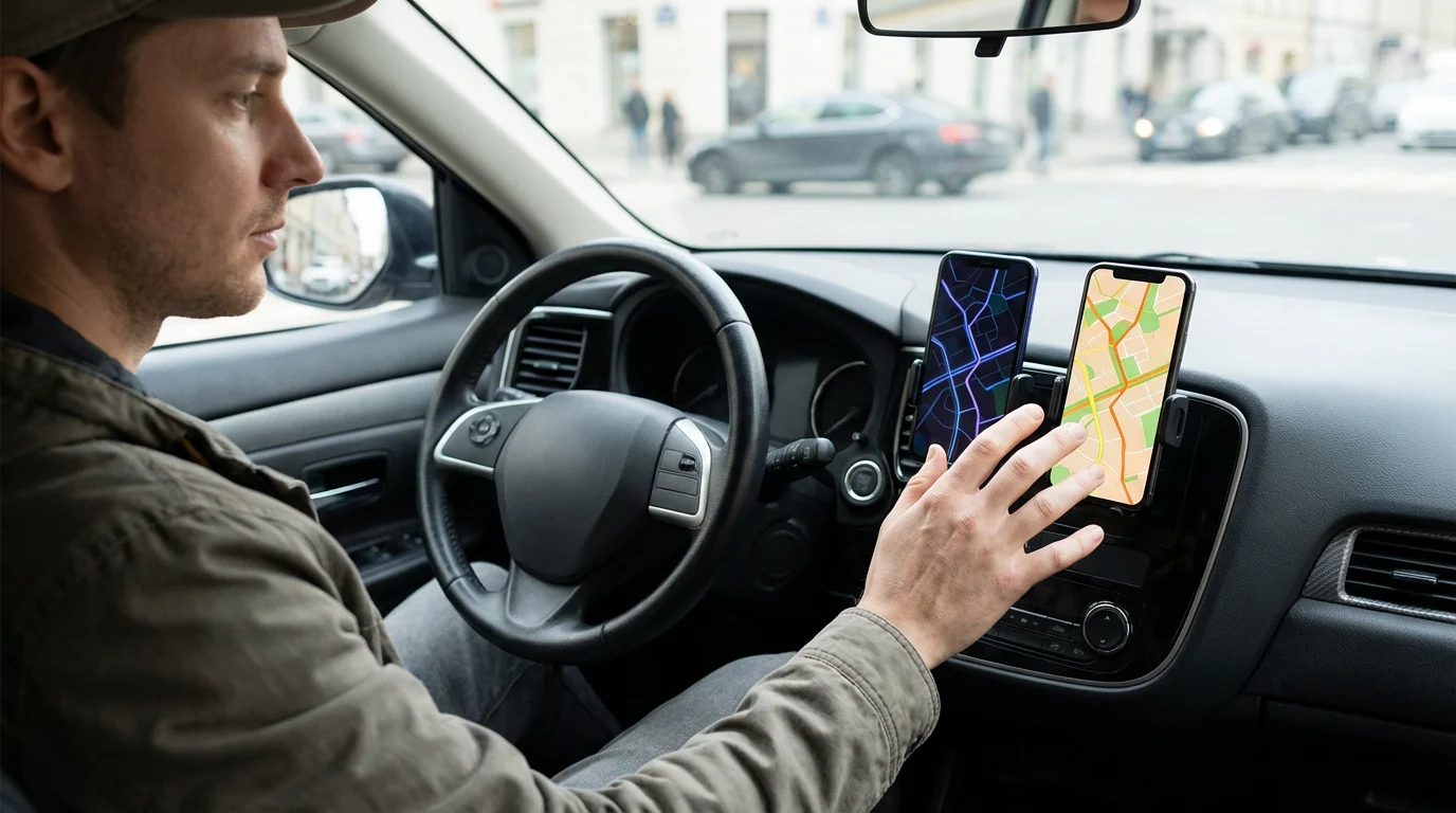 A rideshare driver in their car looking at two different smartphone app screens.