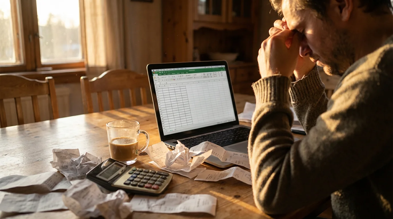 A rideshare driver overwhelmed by receipts and finances on a laptop at golden hour.