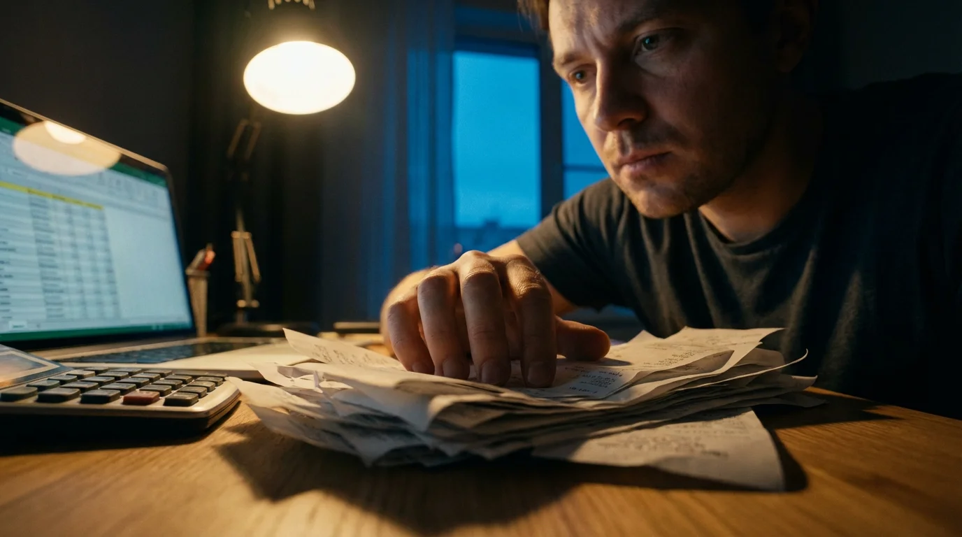 A rideshare driver sits at a desk during blue hour calculating taxes with receipts.