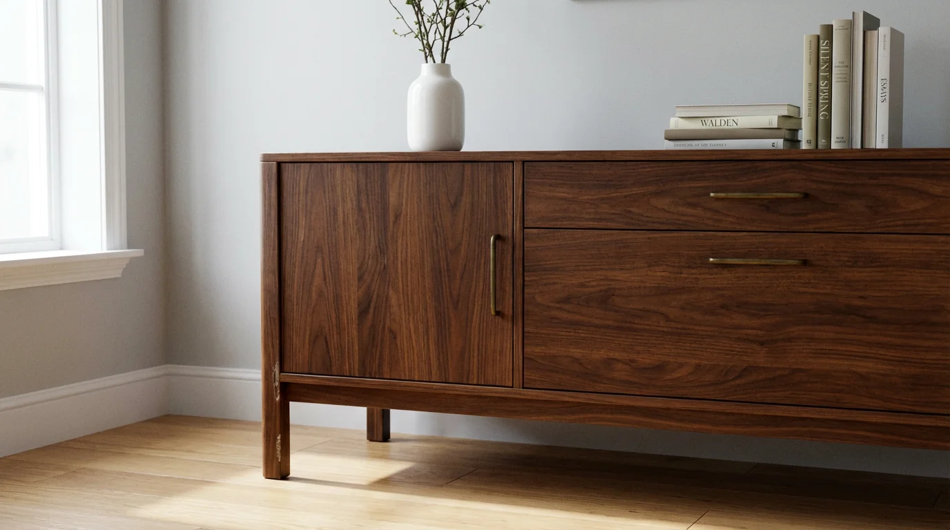 A secondhand solid wood mid-century credenza styled in a modern, sunlit living room.