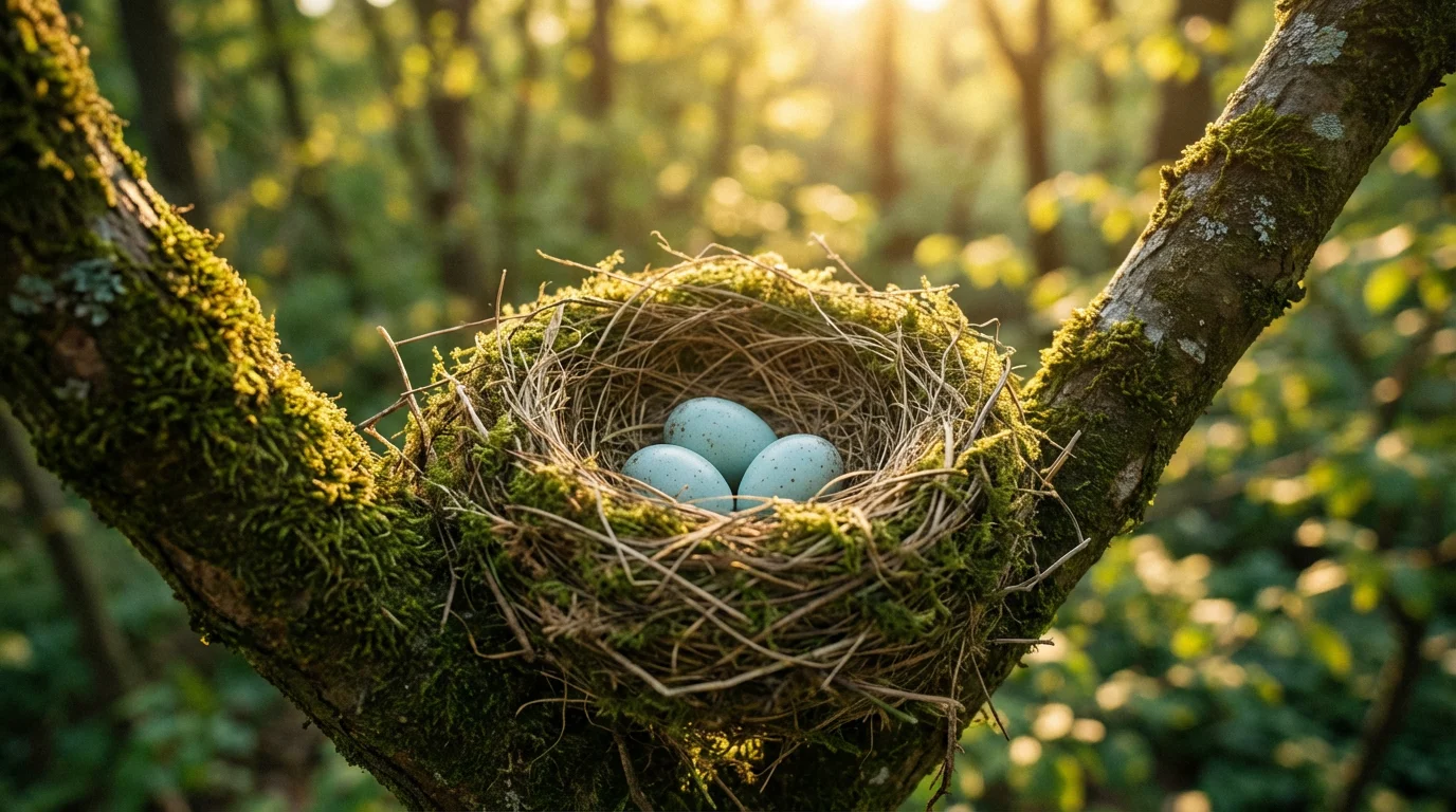 A secure bird's nest with three eggs, bathed in warm golden hour light.