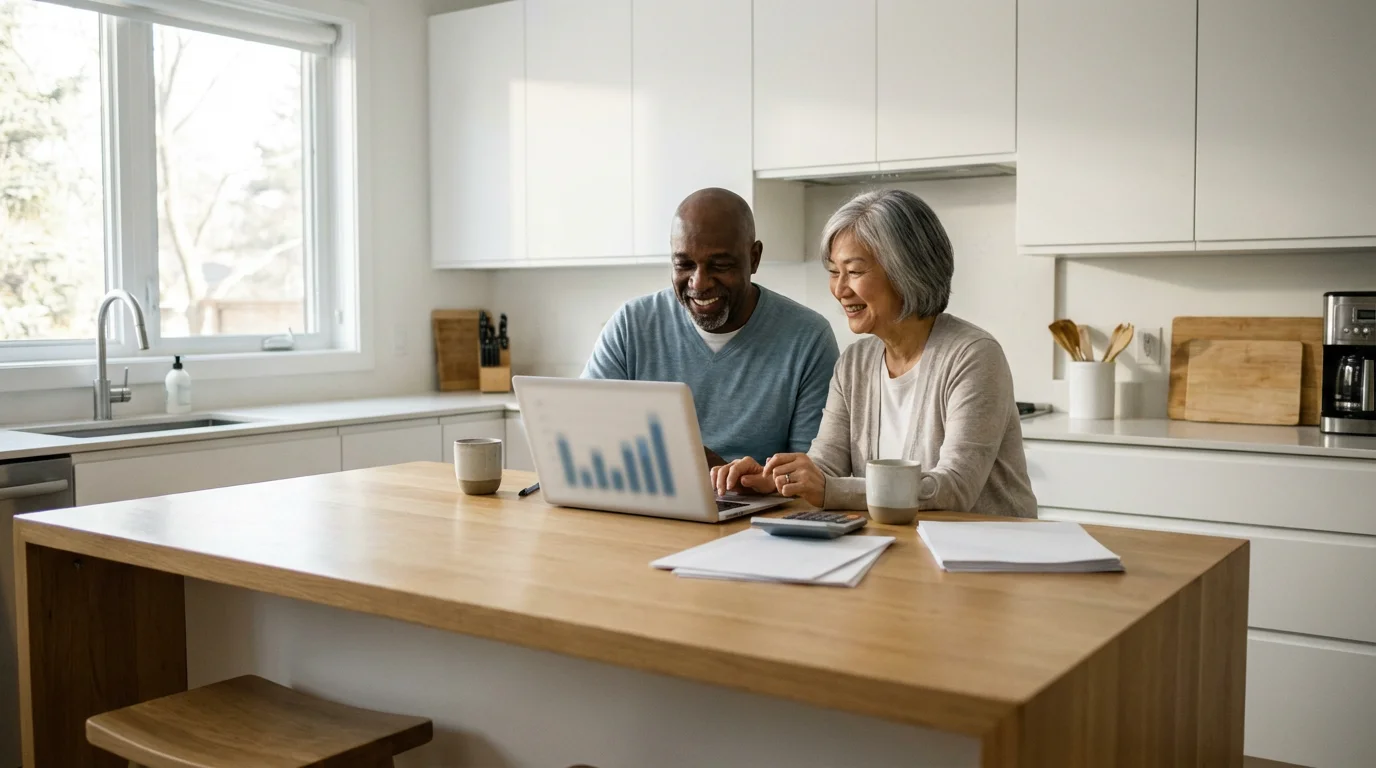 A senior couple collaboratively plans their healthcare budget at their sunlit kitchen island.