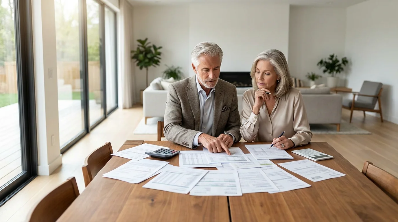 A senior couple sits at a table with papers, planning for healthcare costs in retirement.