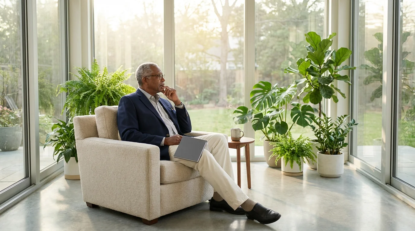 A senior man sits in a bright sunroom, thoughtfully planning his retirement healthcare options.