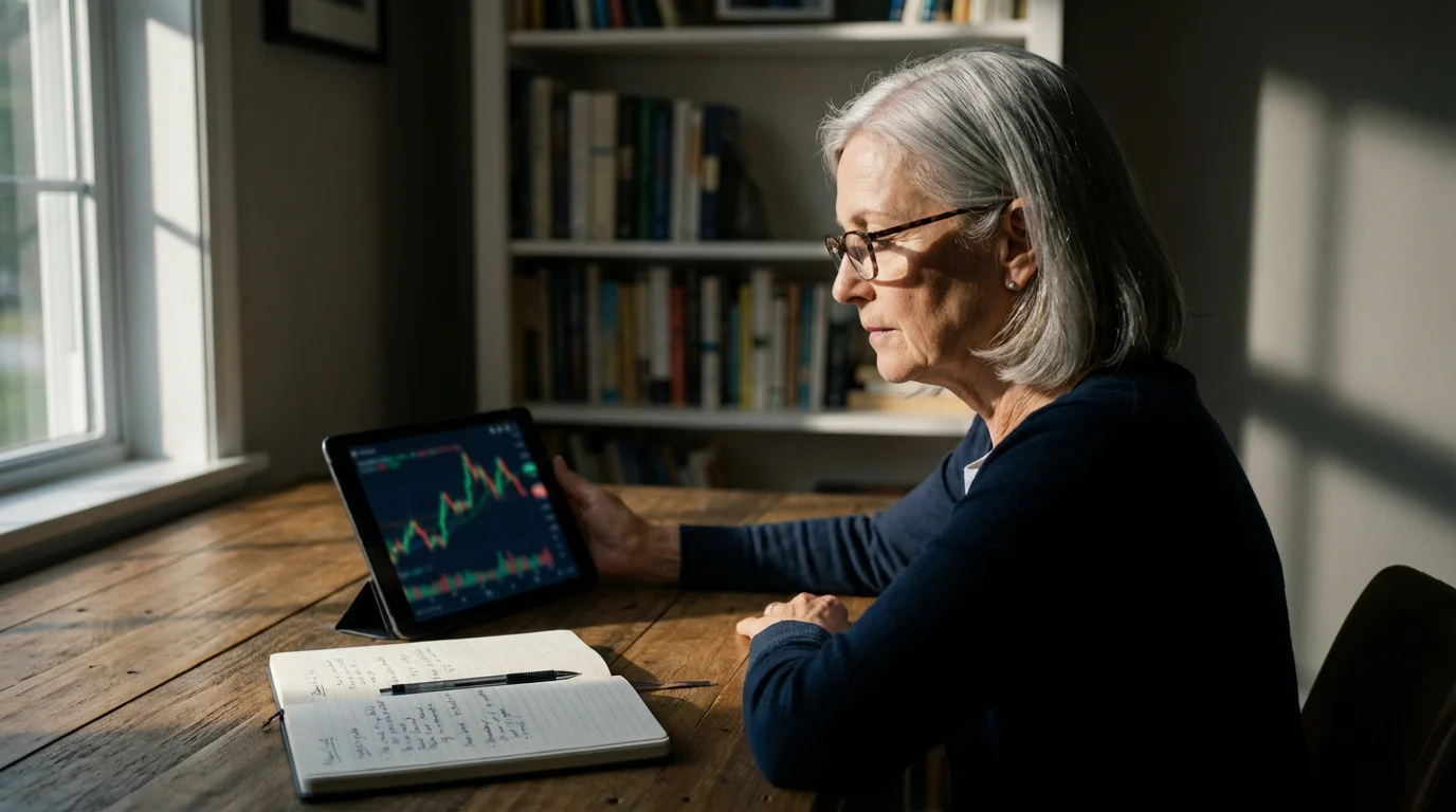A senior woman at a desk plans her retirement healthcare finances on a tablet.