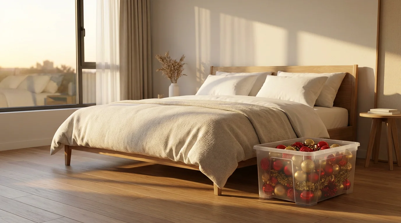 A serene bedroom with fresh linens and stored Christmas decor during golden hour.