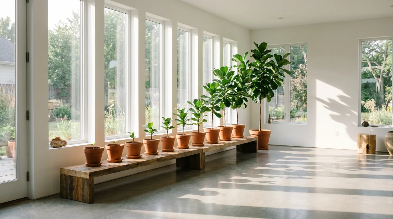 A series of potted plants in a sunlit modern room, showing progressive stages of growth.