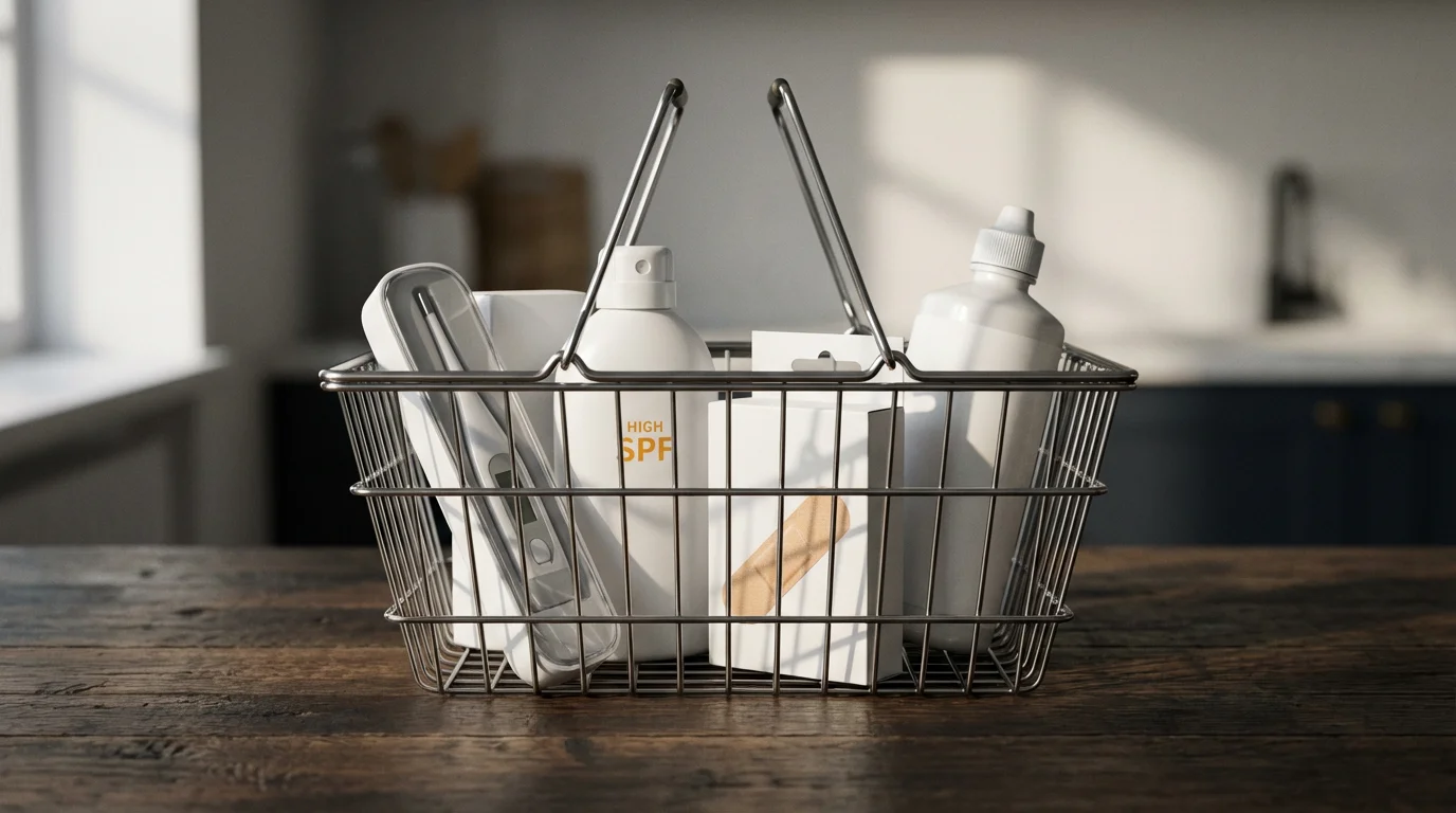 A shopping basket filled with FSA-eligible healthcare items sitting on a counter in afternoon light.