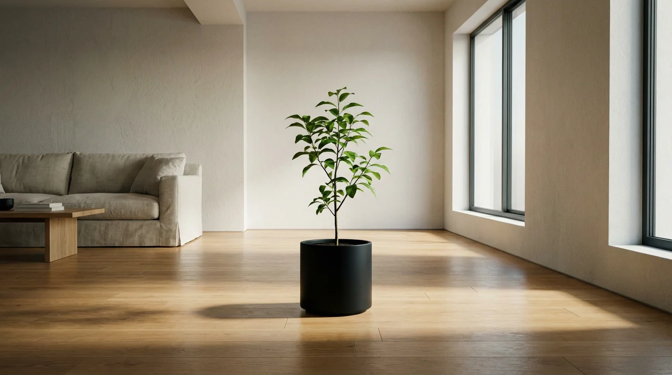 A single sapling in a modern planter in a sunlit room with long shadows.