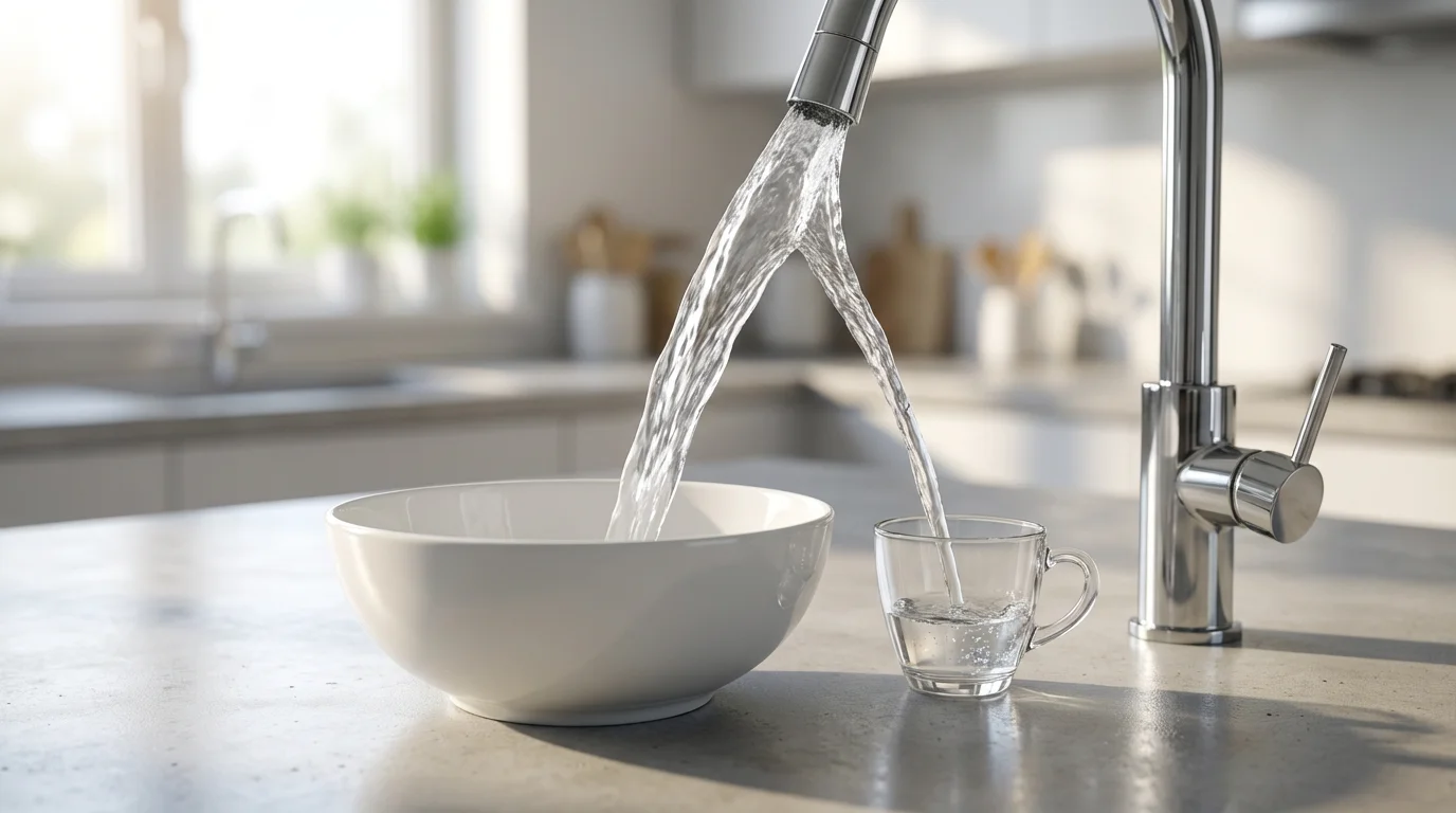 A single stream of water splits to fill a large bowl and a small cup.