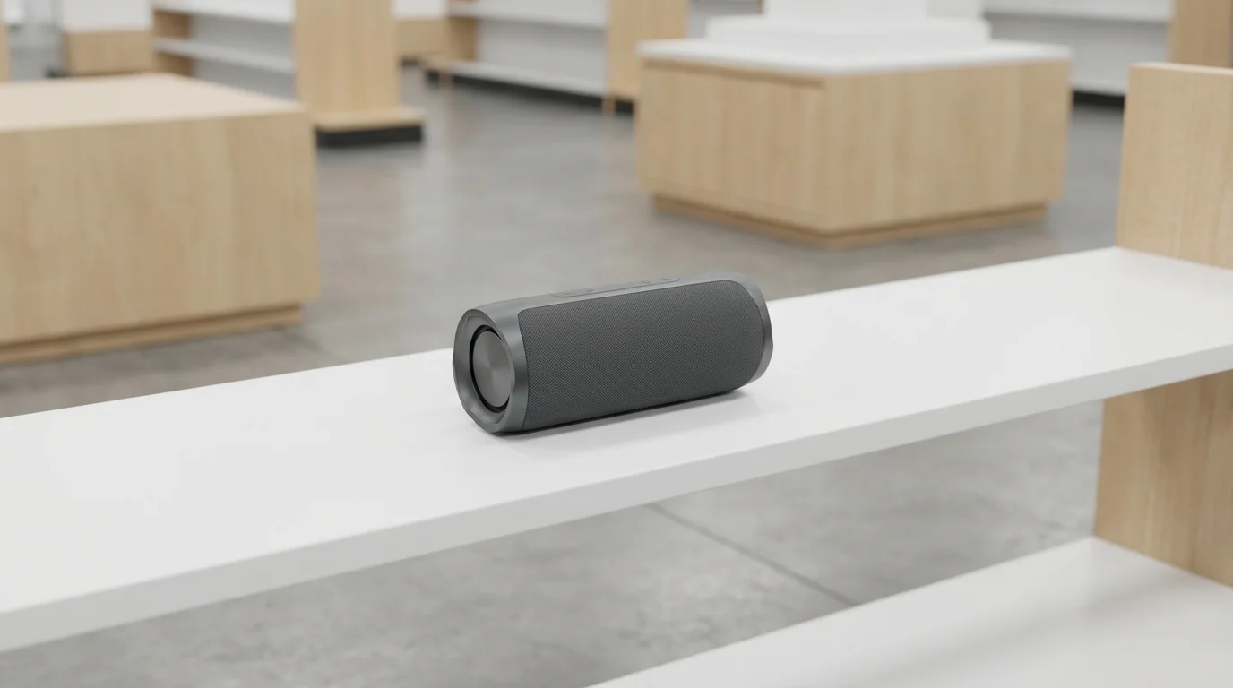 A single, unbranded product sitting alone on an otherwise empty white retail shelf.