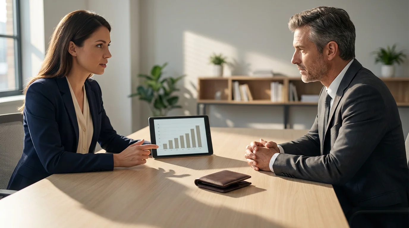 A small business owner in a meeting with a financial advisor in a sunlit office.