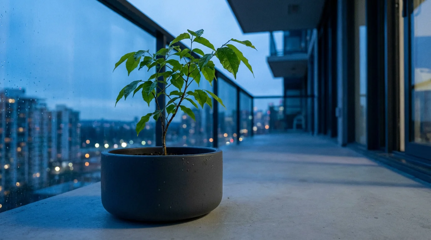 A small sapling in a pot on a modern city balcony at blue hour.