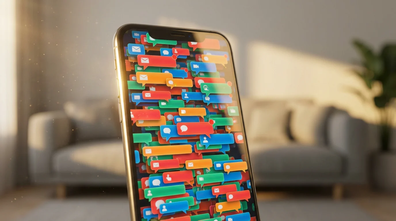 A smartphone screen covered in dozens of unread message notifications, glowing in warm light.