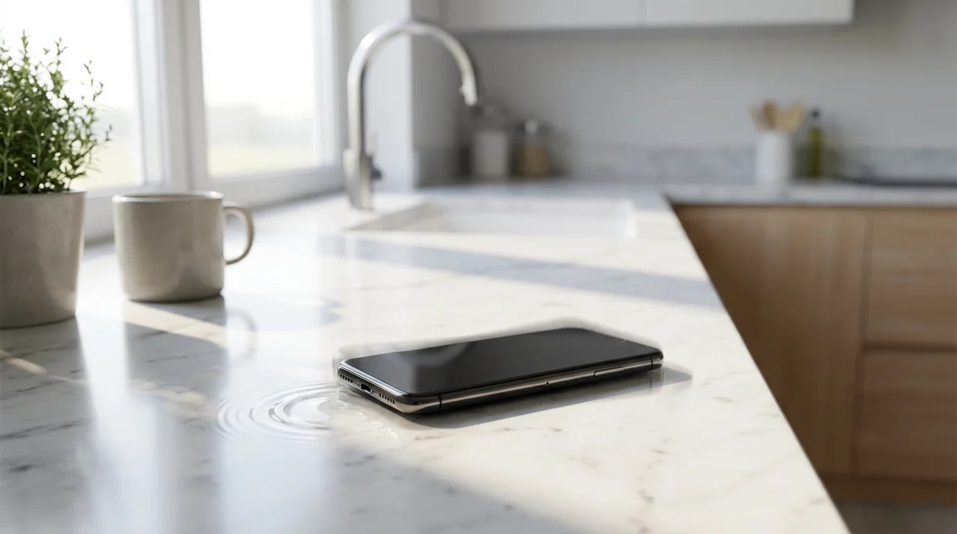 A smartphone vibrates insistently while lying face down on a clean kitchen counter.