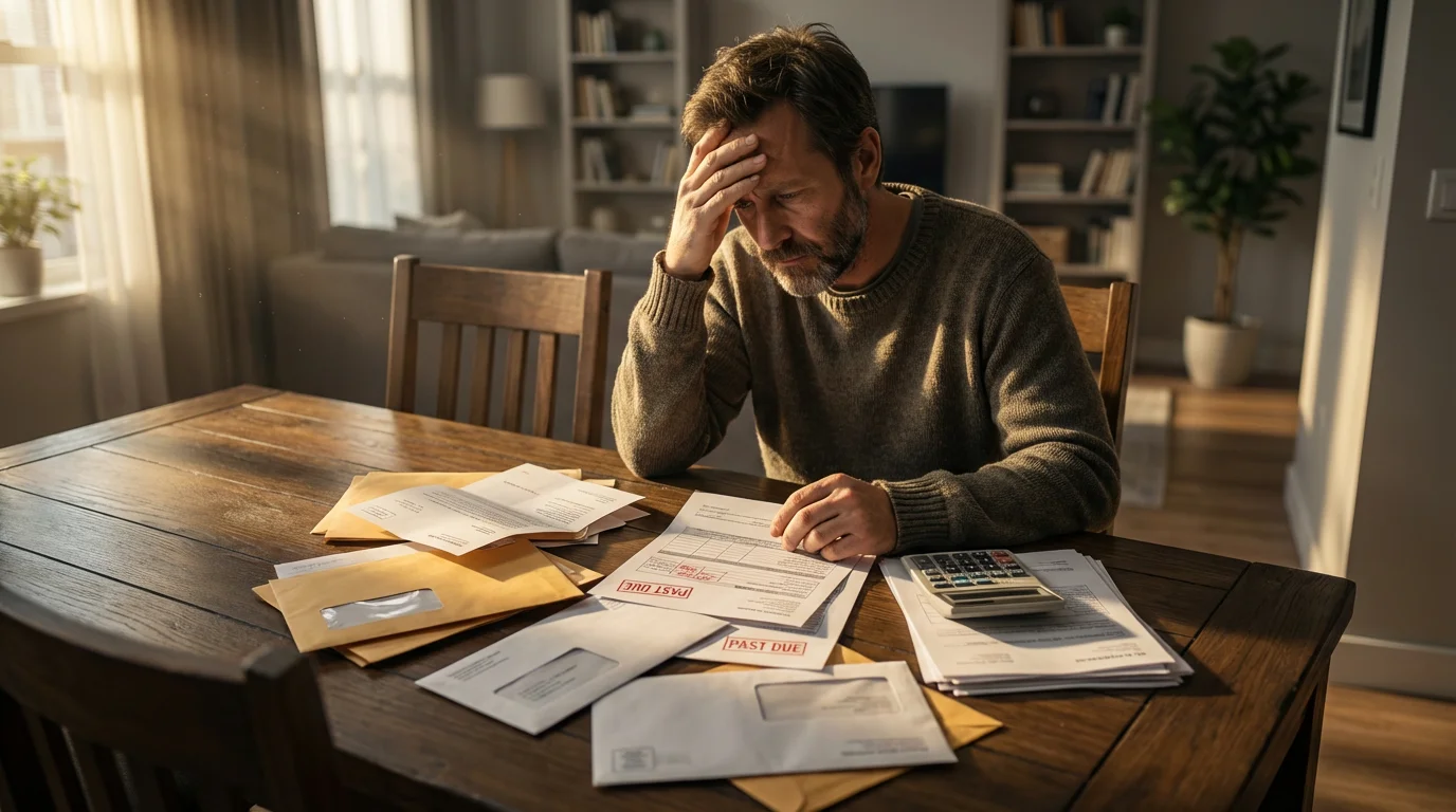 A stressed man sits at a table covered in bills during a moody afternoon.