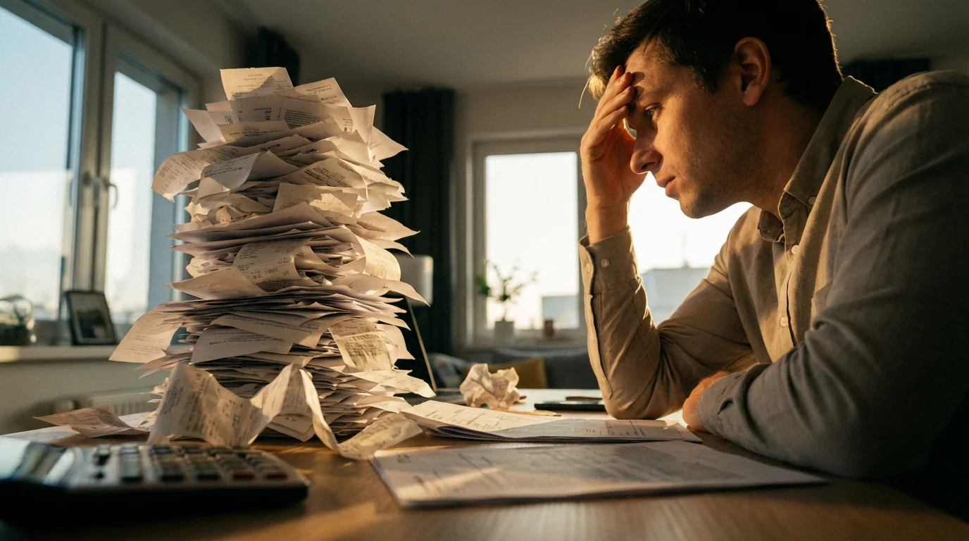 A stressed person at a desk looks up at a massive, teetering pile of paperwork.